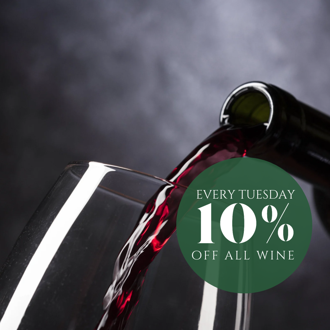 Graphic of a red bottle of wine pouring into a glass with a circle with the text "10% off wine every Tuesday"