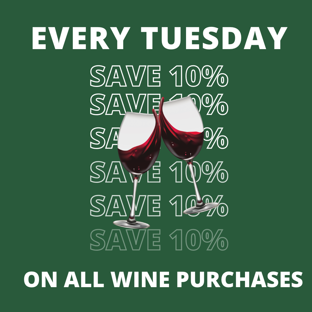 Graphic on a green background with two wine glasses clinking with "Save 10%" faded behind it