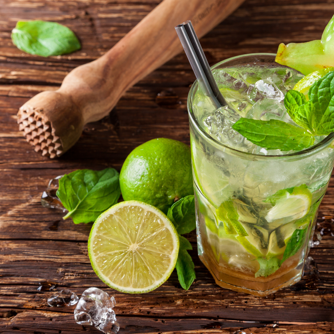 Mojito Cocktail with Ingredients on a Wooden Board