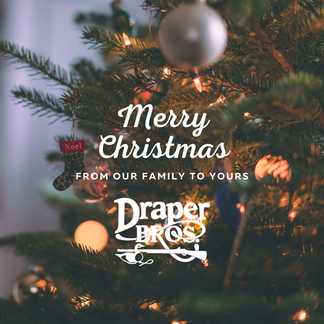 A Christmas Tree with the Draper Bros. logo and "Merry Christmas from our family to yours" text over it